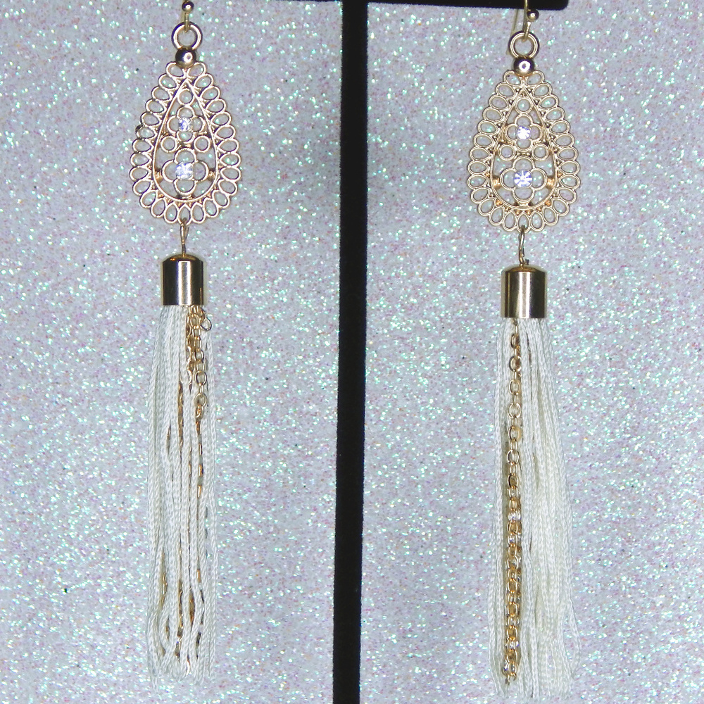 Cream, Rhinestone and Gold Tassel  Dangle Earrings